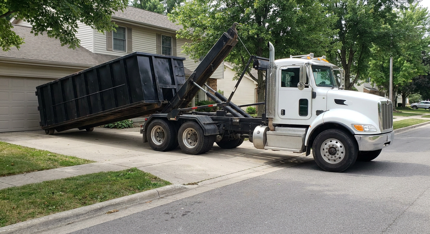 White-cab hooklift roll-off truck actively lowering a matte-black dumpster onto a New Braunfels residential concrete driveway, the dumpster's rear wheels touching the driveway as the hoist arm tilts the bed forward, mid-morning daylight.