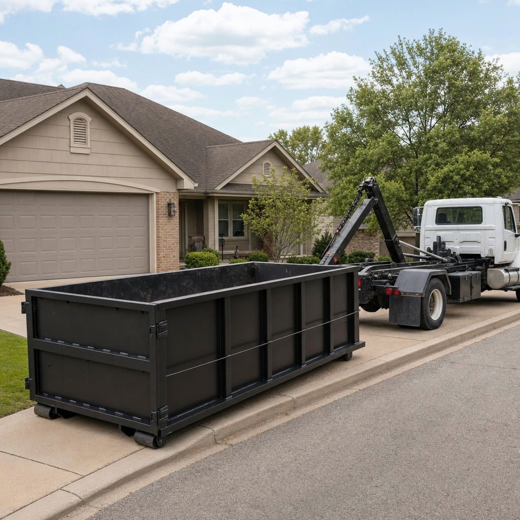 Wide documentary shot of a matte-black roll-off dumpster on a New Braunfels residential driveway in the foreground and a contractor jobsite container in the soft-focus background, bright daylight, calm and orderly composition.