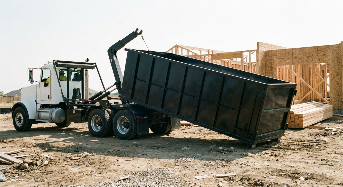 Matte-black roll-off dumpster being delivered onto a clean residential concrete driveway in New Braunfels by an unmarked white hooklift hauler truck, bright morning daylight, documentary 35mm perspective.